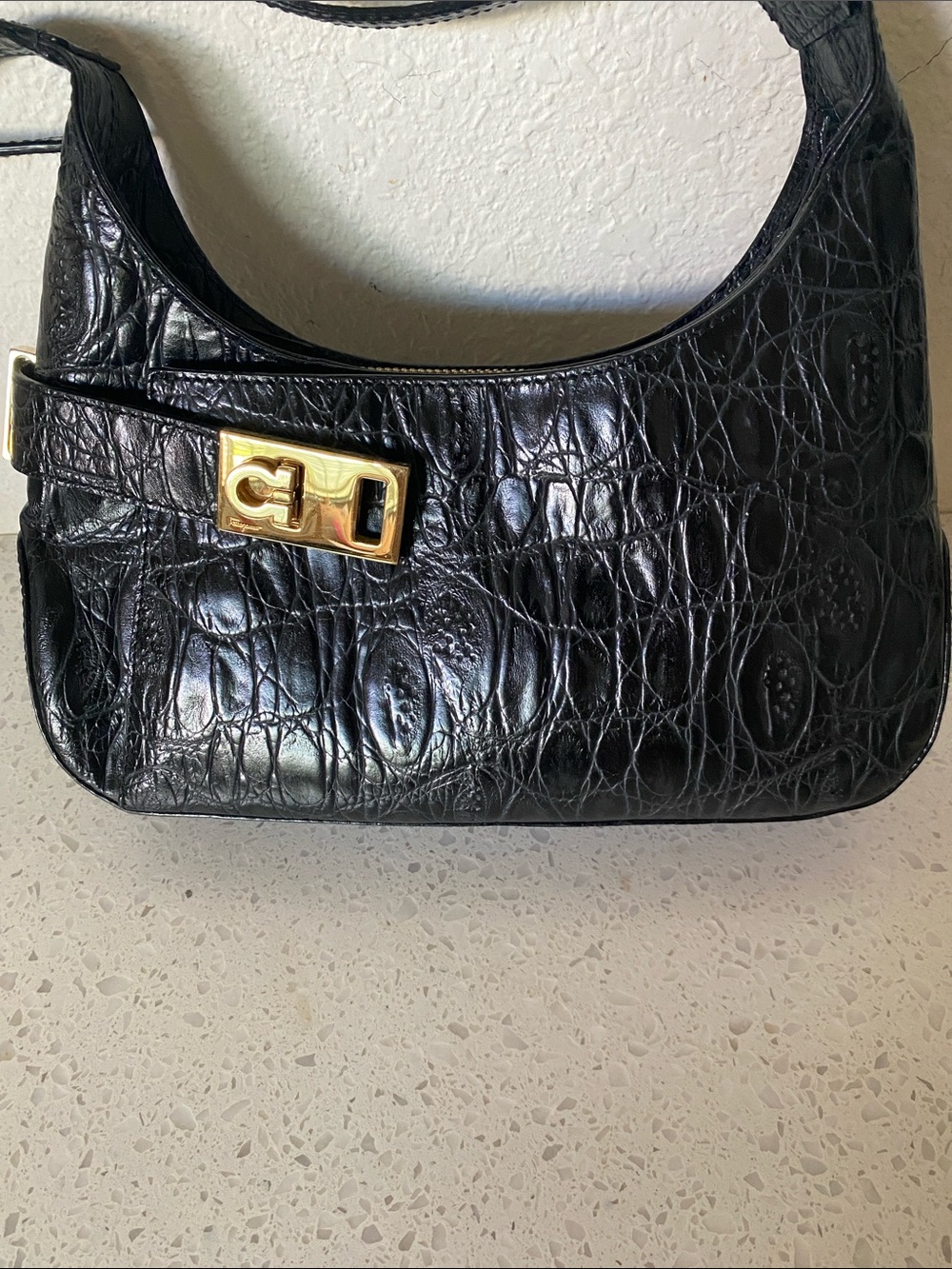 Salvatore Ferragamo Black Croc-Embossed Shoulder Bag with Gold Hardware - Picture 2 of 16